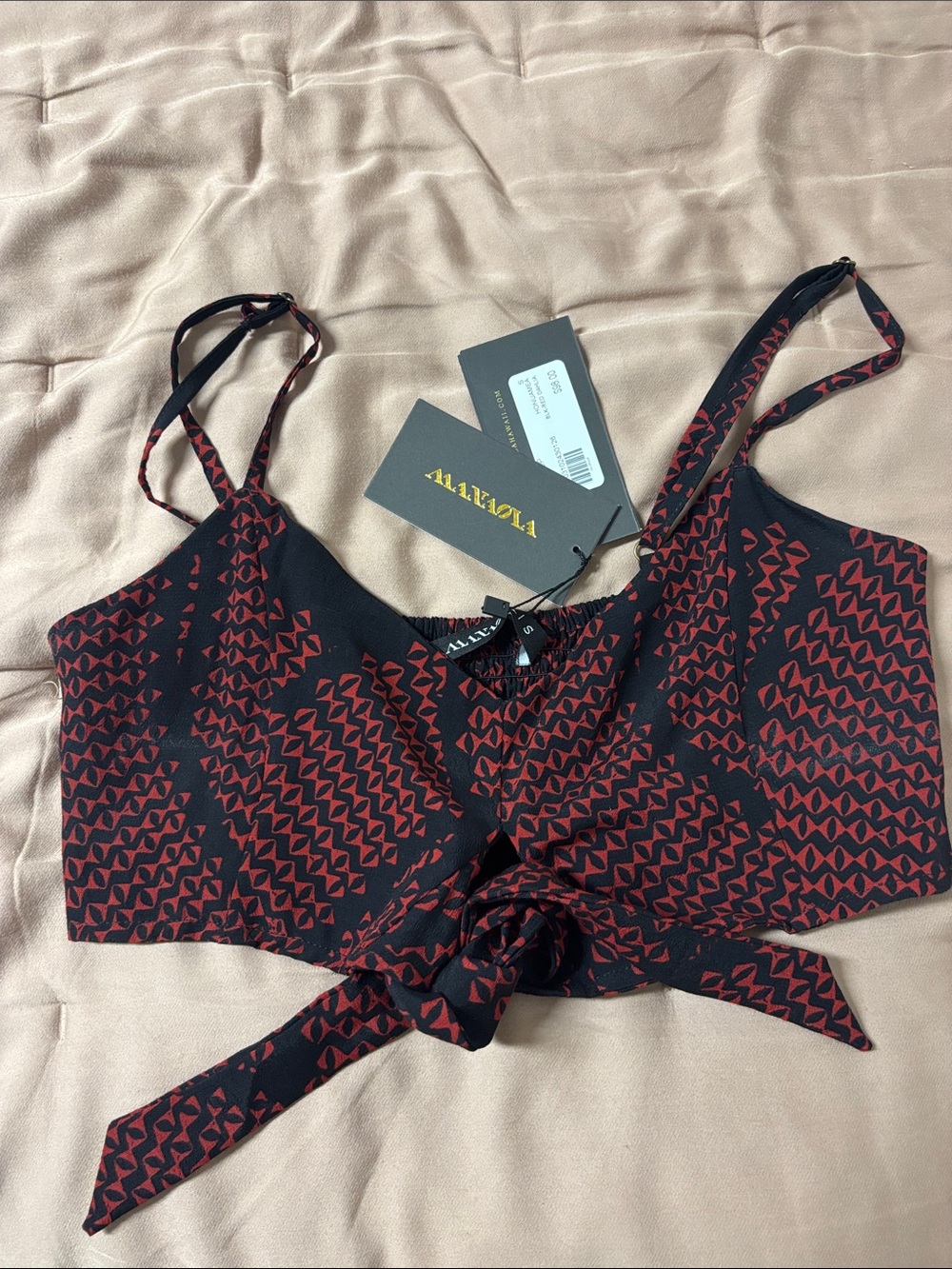 Manaola Black & Red Tie-Front Crop Top